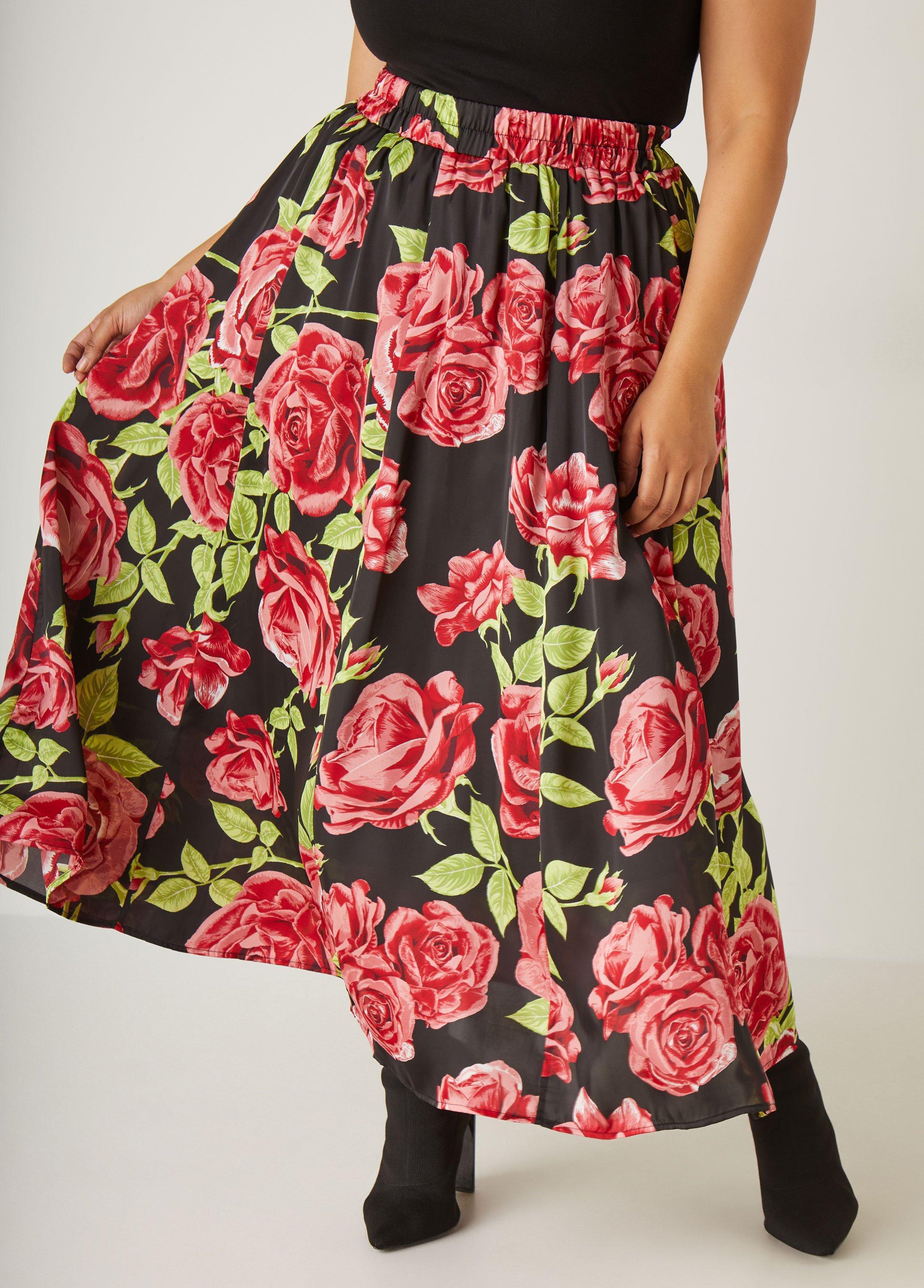 Rose Print Satin Maxi Skirt Product Image