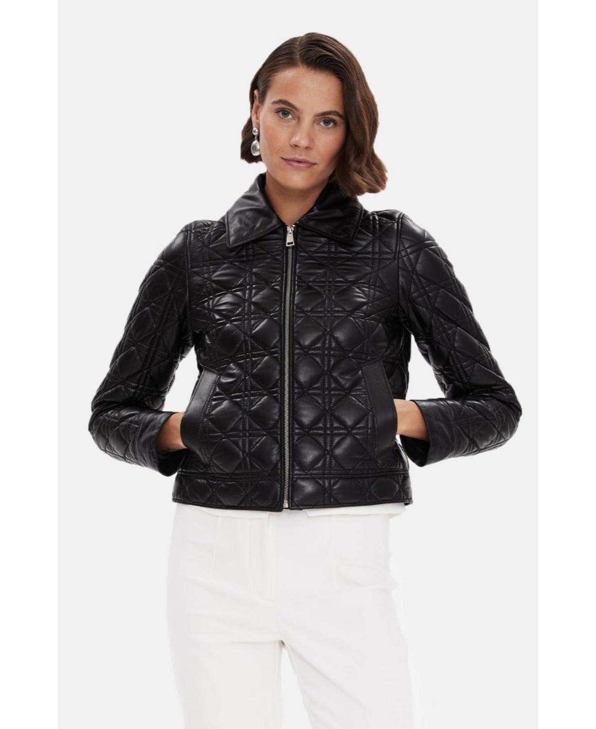 Furniq Uk Womens Genuine Leather Quilted Bomber Jacket Black Product Image