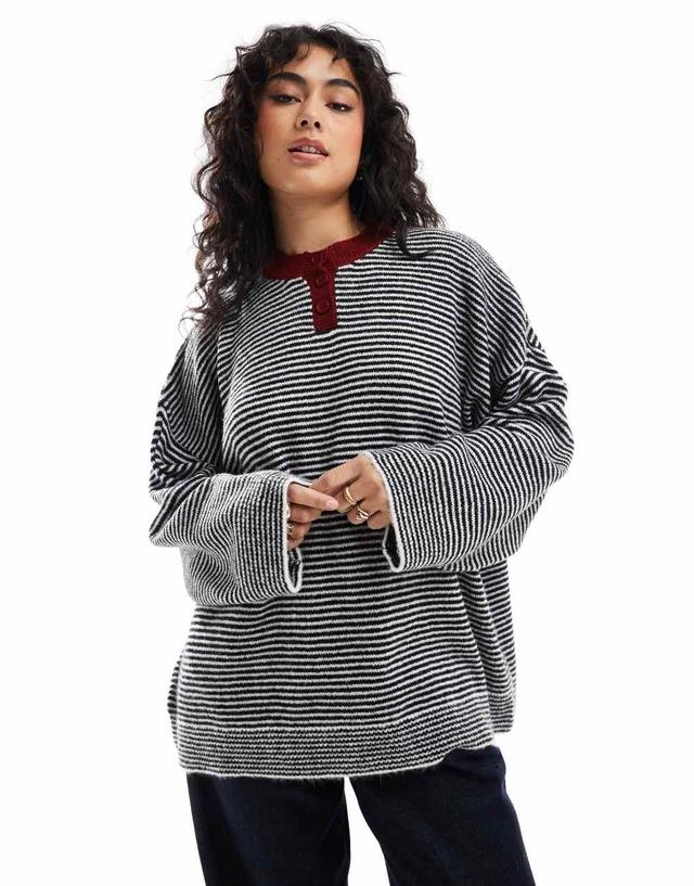 ASOS DESIGN oversized henley knit sweater in stripe with contrast placket Product Image