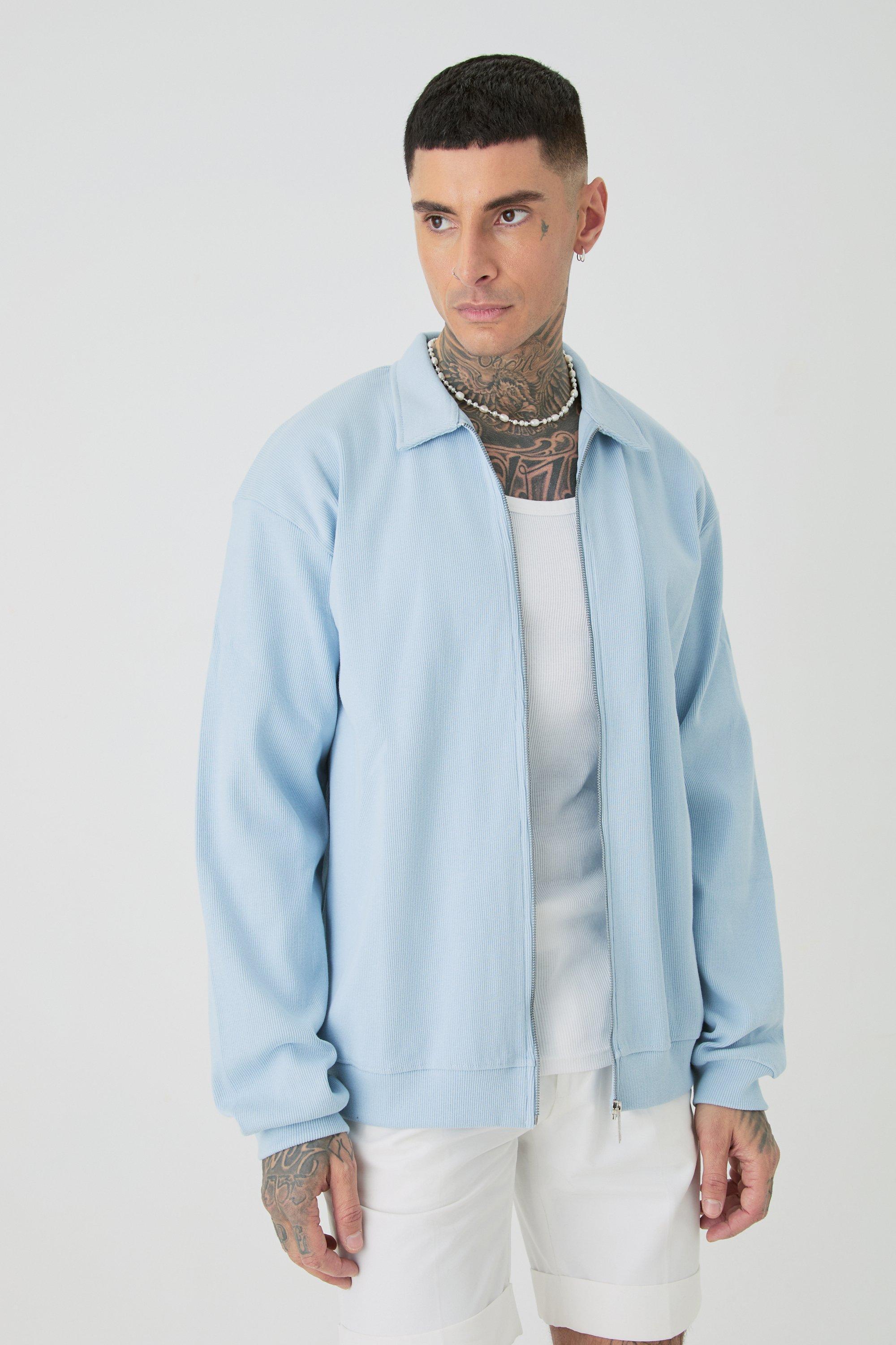 Mens Blue Tall Oversized Heavyweight Ribbed Jacket, Blue Product Image