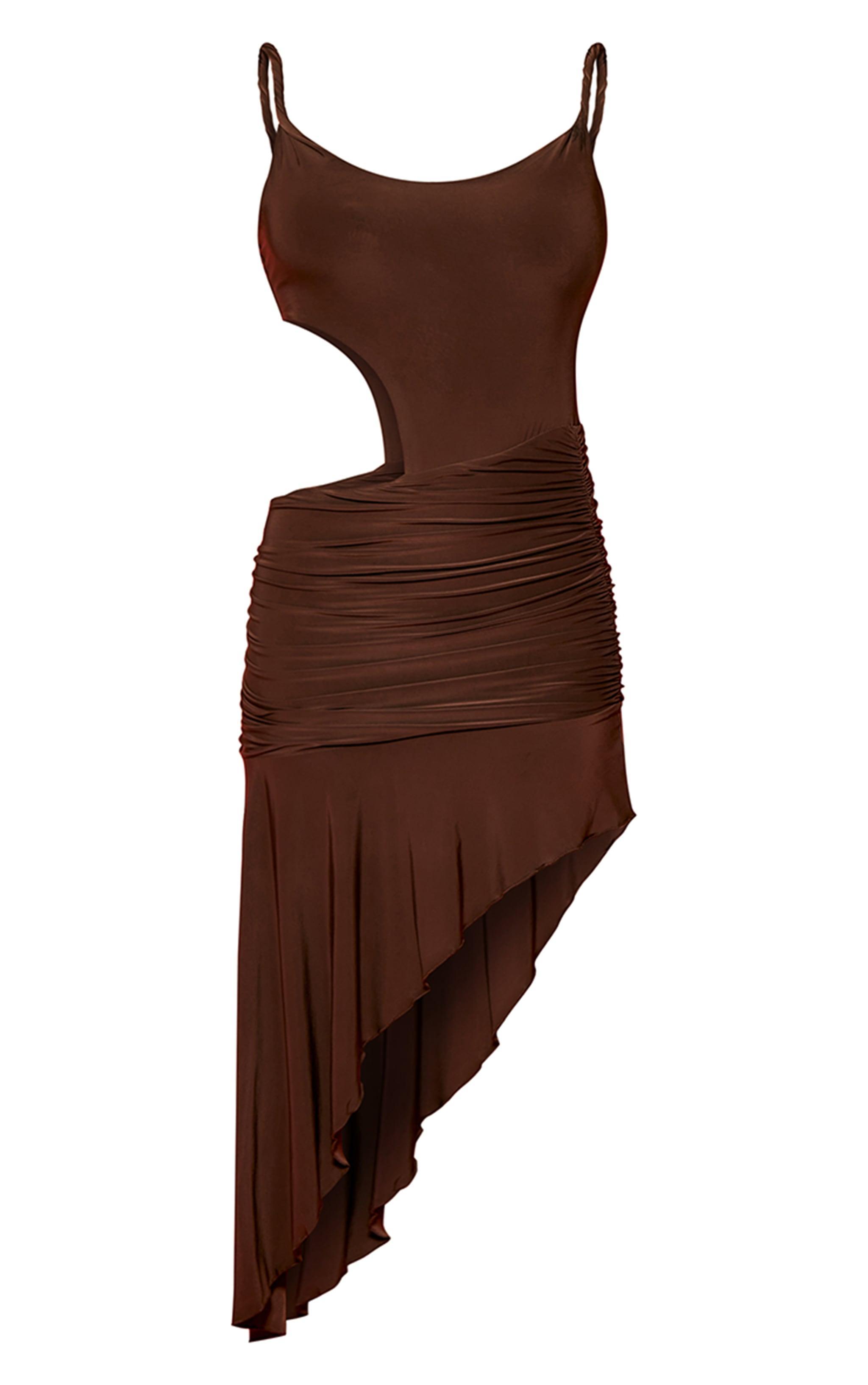 Dark Brown Double Layer Slinky Twist Strap Detail Midaxi Dress Product Image