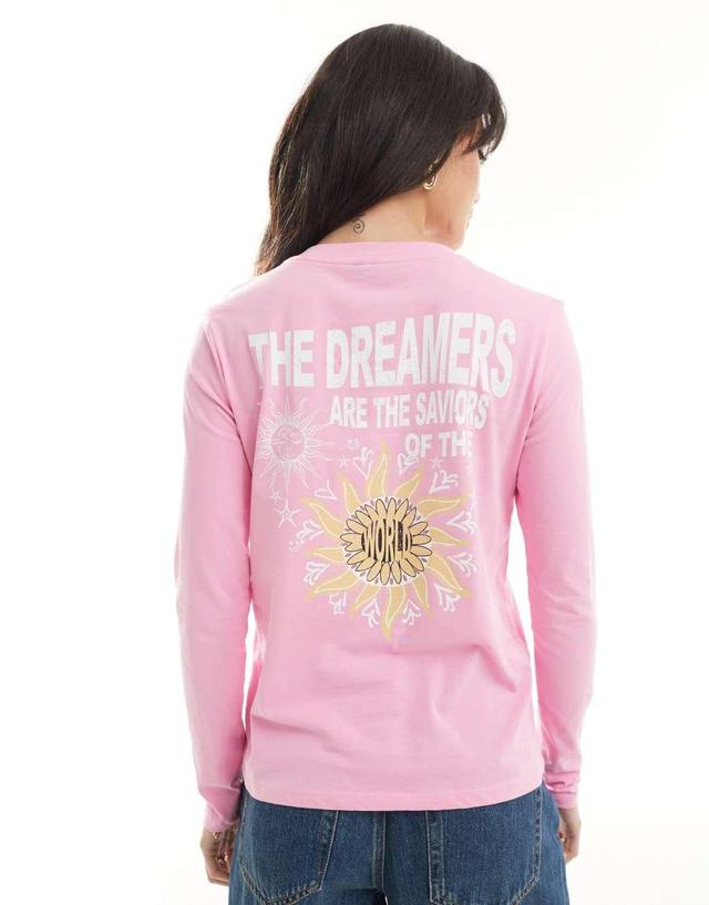 Pieces long sleeved sunflower slogan T-shirt in pink Product Image