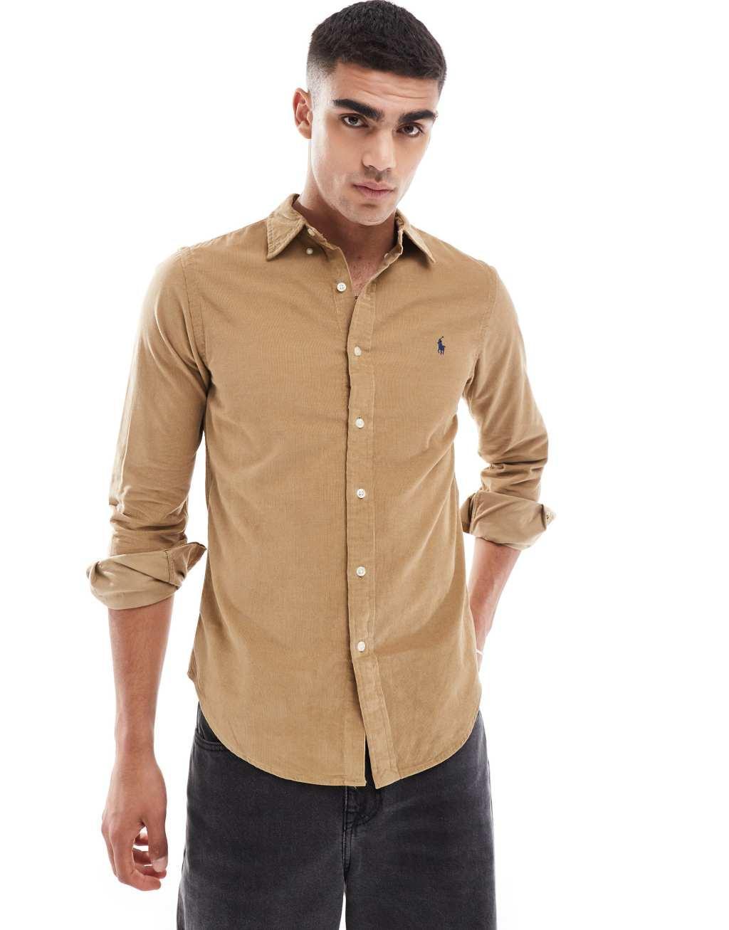 Polo Ralph Lauren icon logo slim fit corduroy shirt in tan Product Image