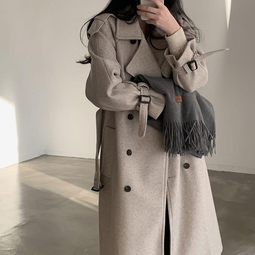 Lapel Collar Plain Double Breasted Long Trench Coat product image