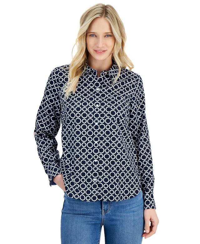 Nautica Jeans Womens Cotton Circle-Print Roll-Tab Shirt Product Image