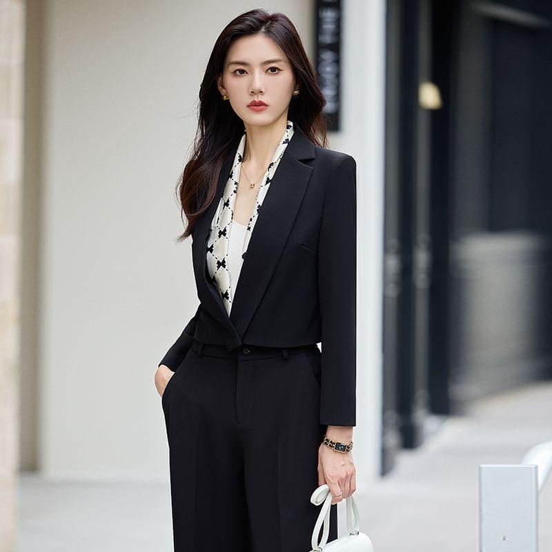 Notch Lapel Plain Single Breasted Blazer / High Rise Wide Leg Slacks / Set Product Image