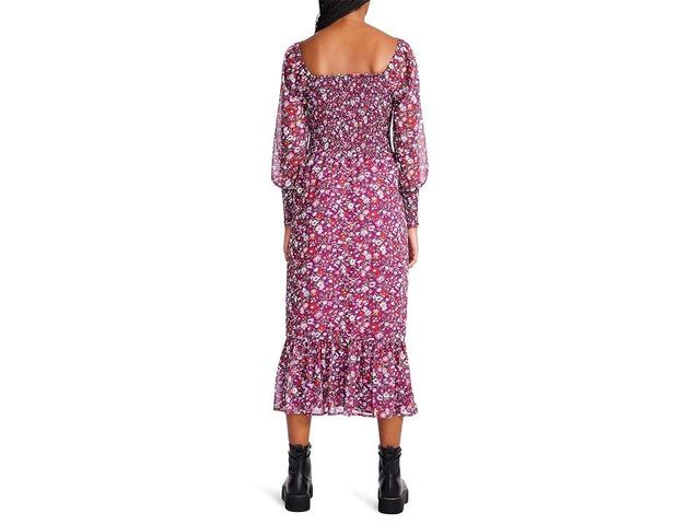 Betsey Johnson Wildflower Ditsy Smocked Printed Chiffon Midi (Magenta) Women's Clothing Product Image