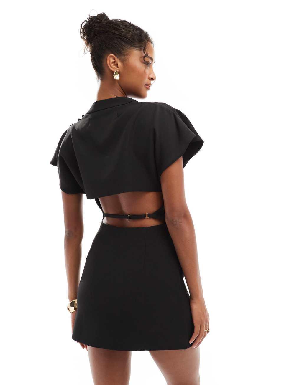 ASOS DESIGN grown on sleeve high neck mini dress with open back detail in black Product Image