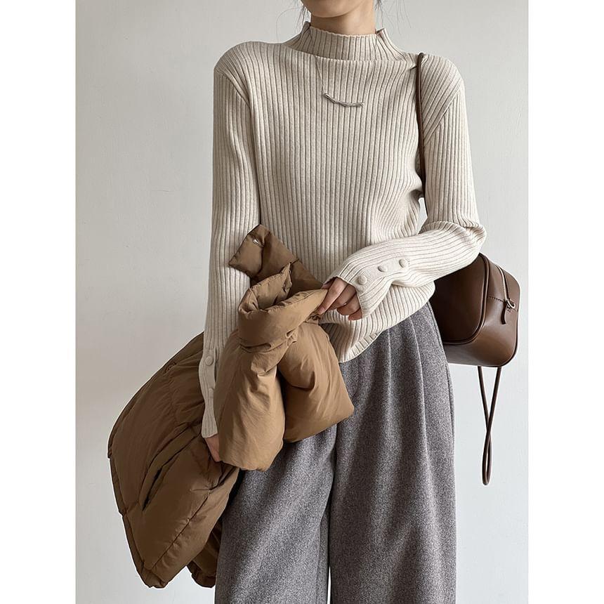 Long-Sleeve Turtleneck Ribbed Knit Top Product Image