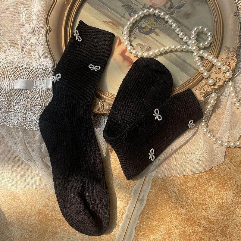 Bow Faux Pearl Ribbed Socks Product Image