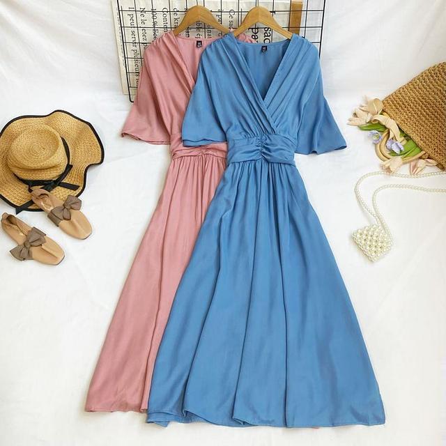 3/4-Sleeve V-Neck Plain Ruched Slit Maxi A-Line Dress Product Image