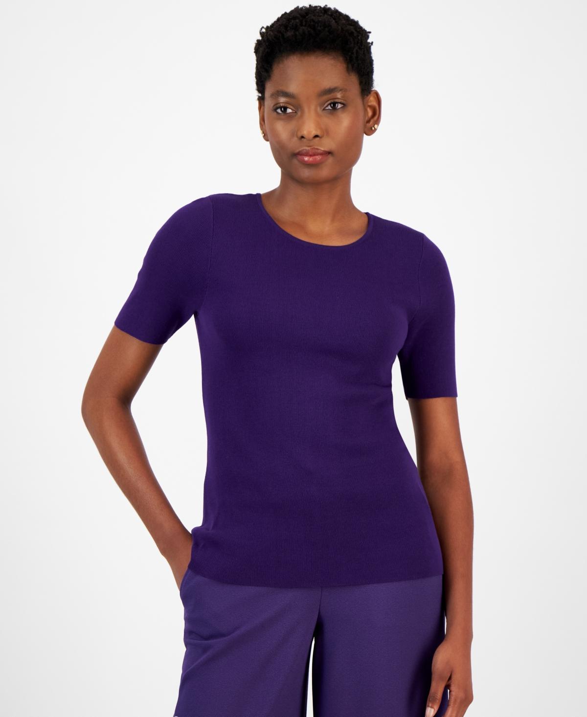 Tahari Asl Womens Short-Sleeve Ribbed Top Product Image