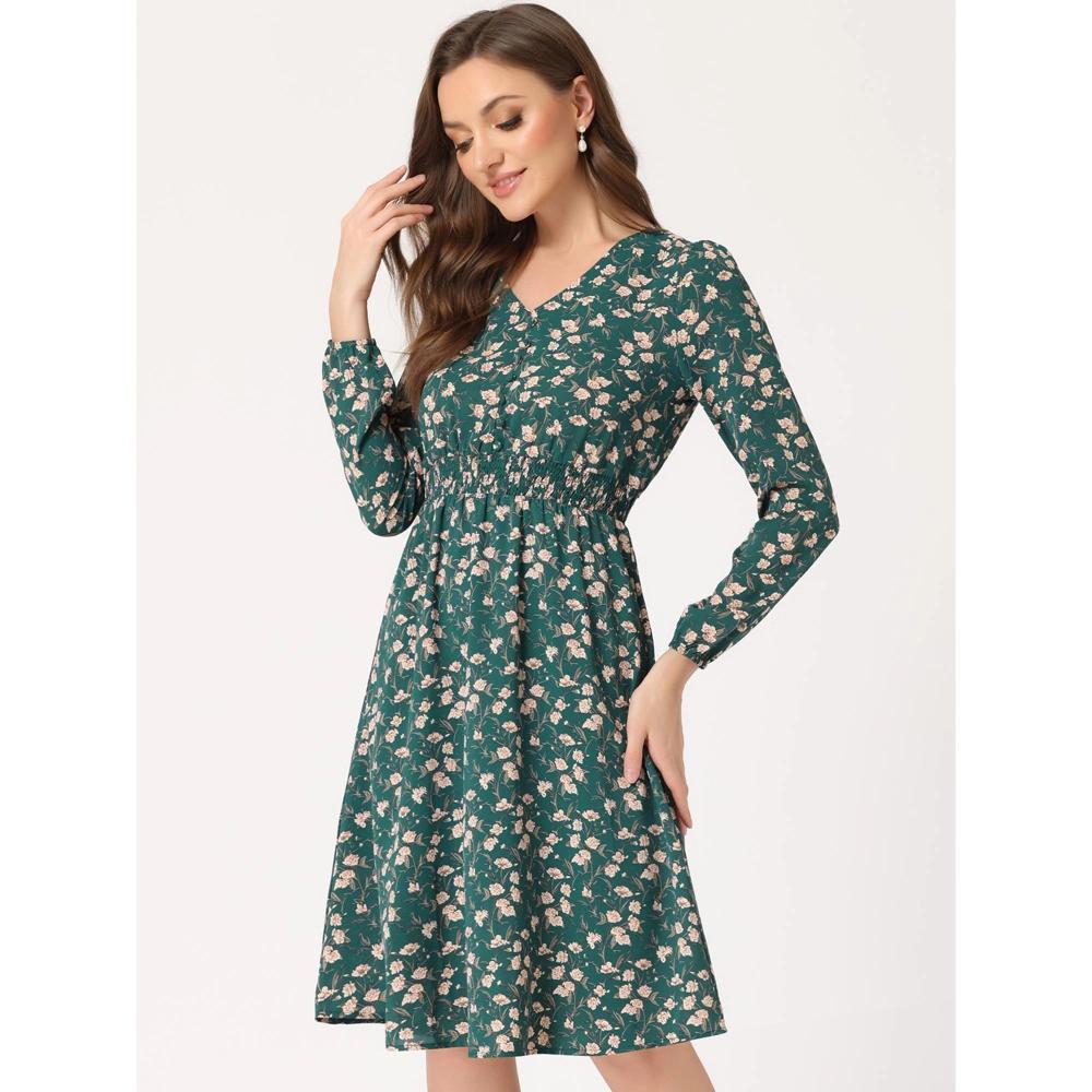 Allegra K Women's Floral Print V-Neck Smocked Waist Midi Dress Teal X-Large Product Image