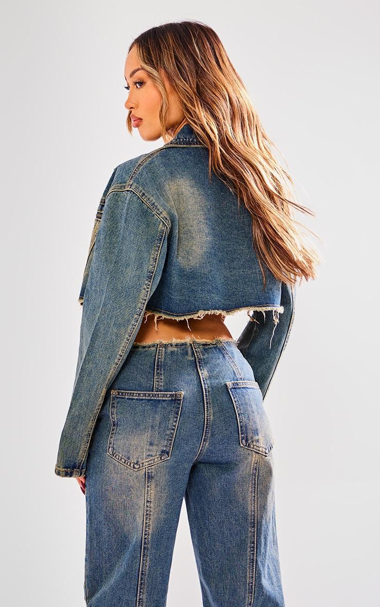 Petite Indigo Blue Wash Raw Hem Cropped Denim Jacket Product Image