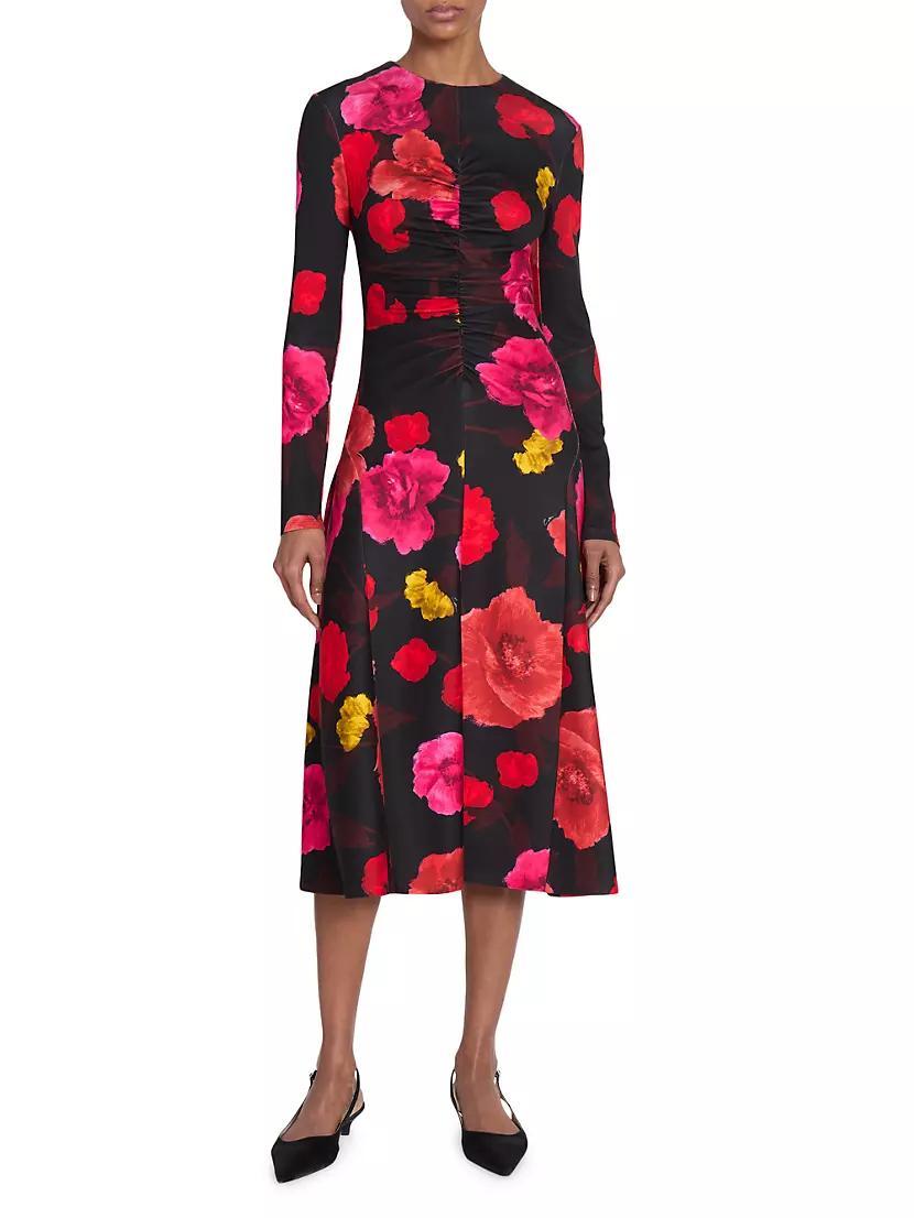 Floral Ruched Long-Sleeve Midi-Dress Product Image