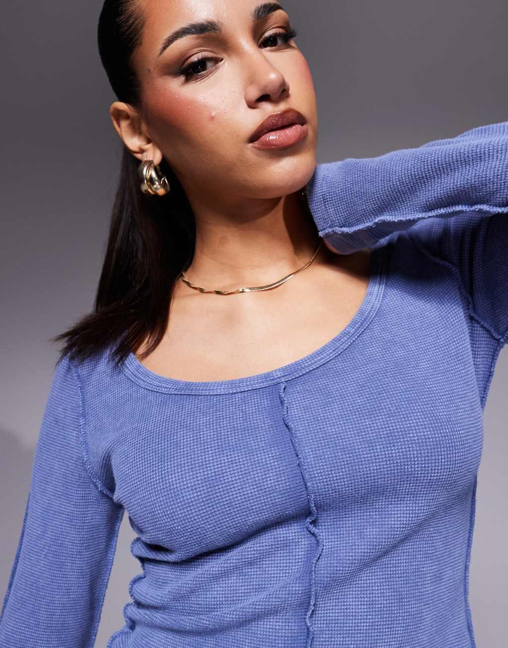 ASOS DESIGN scoop neck waffle long sleeve top with seam detail in washed indigo Product Image