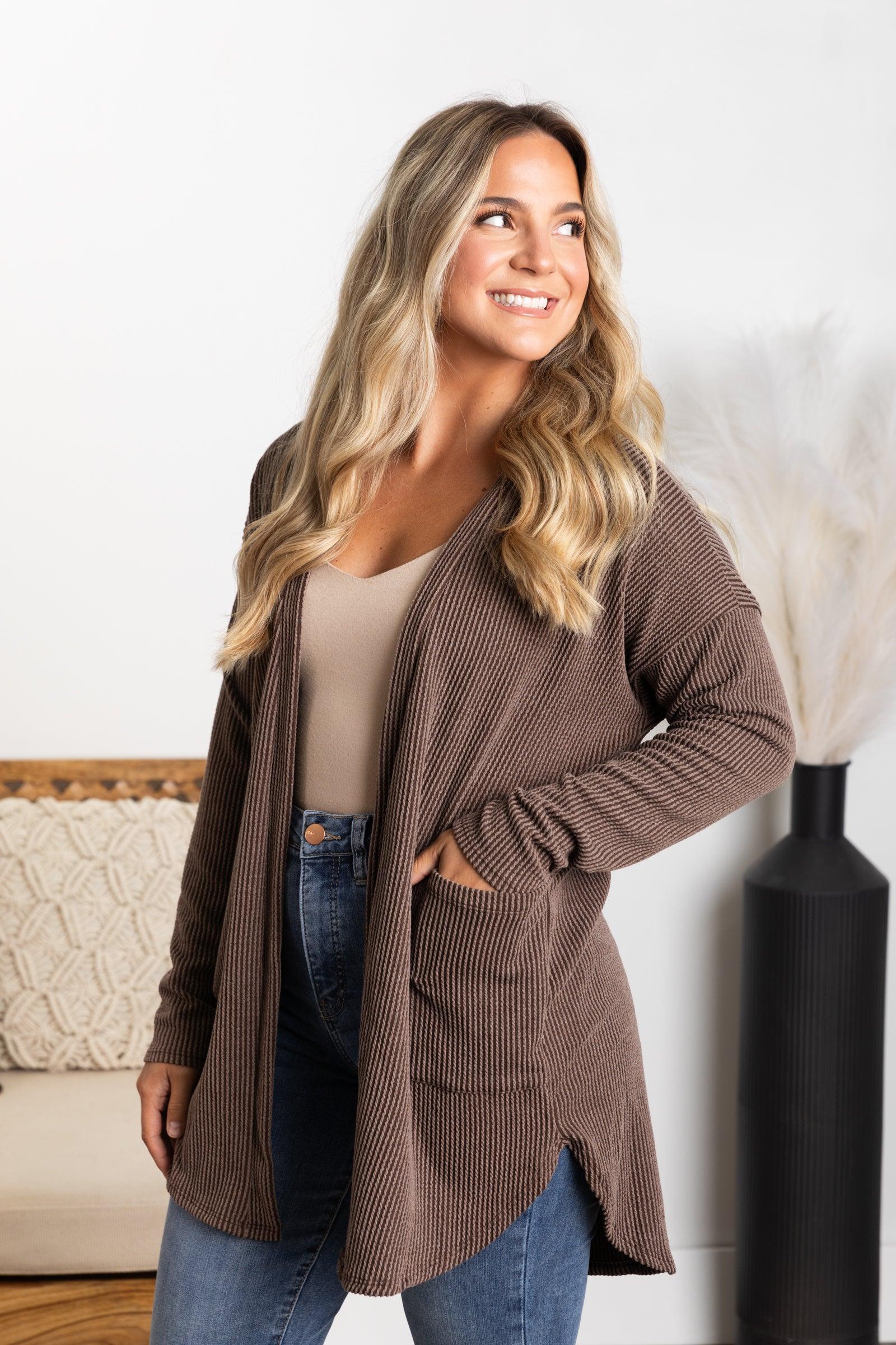 Solid Ribbed Cardigan With Pockets Product Image