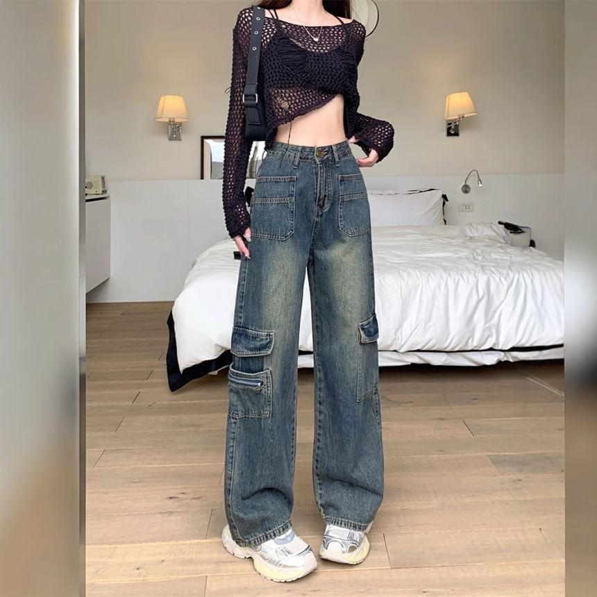 Mid Waist Washed Wide Leg Cargo Jeans Product Image