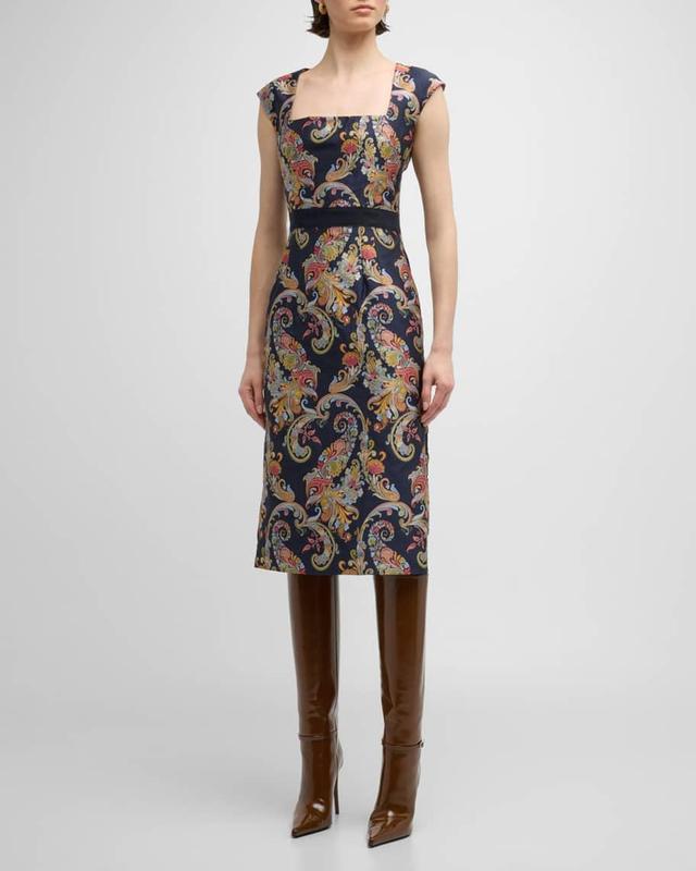 Paisley Brocade Square-Neck Sleeveless Midi Dress Product Image