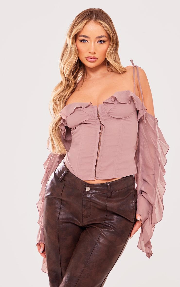 Mauve Woven Hook & Eye Frill Detail Boned Bardot Corset Product Image