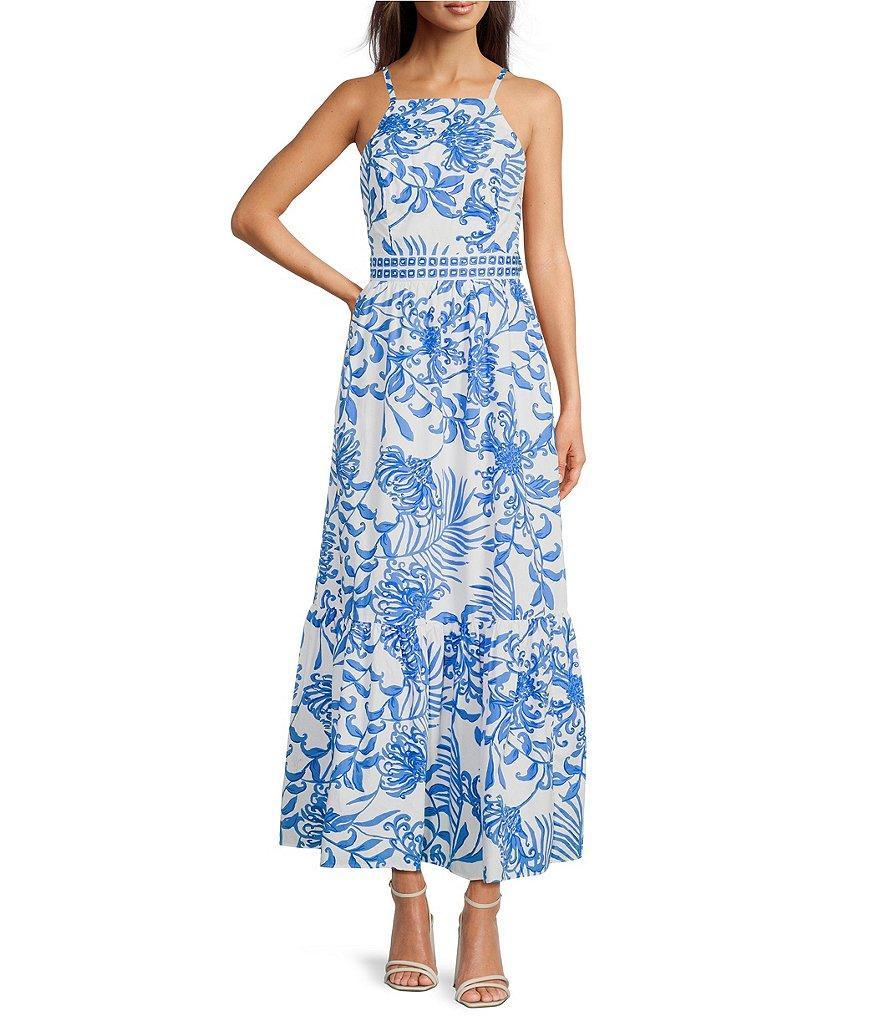 Lilly Pulitzer Charlese Cotton Poplin Floral Print Halter Neck Sleeveless Tie Back Maxi A-Line Dress Product Image