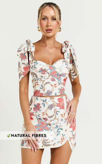 Kelsie Top - Tie Shoulder Crop Sweetheart Linen Look Top in Summer Chintz Product Image