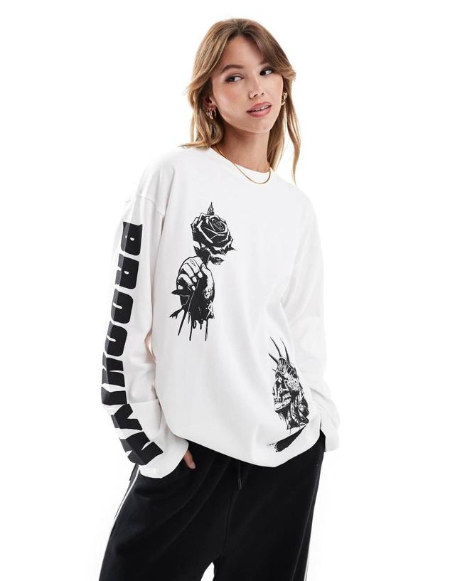 ASOS DESIGN long sleeve skater top with brooklyn graphic in white Product Image