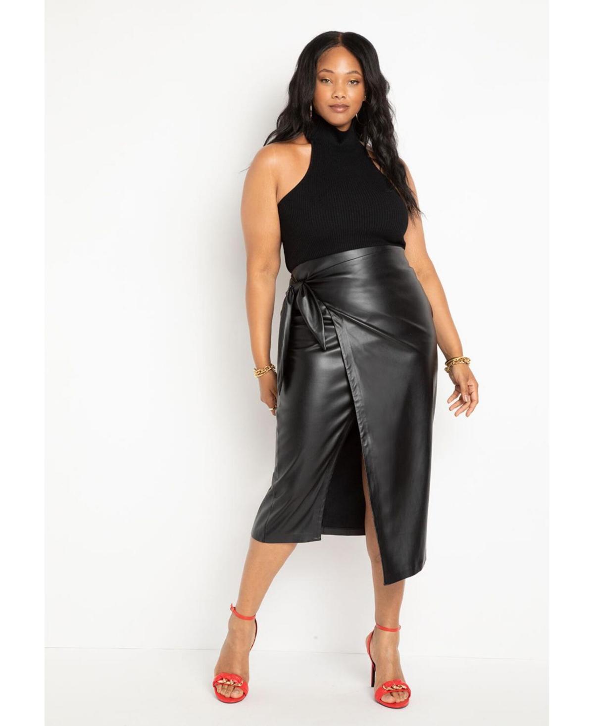 Plus Size Wrap Front Faux Leather Midi Skirt Product Image