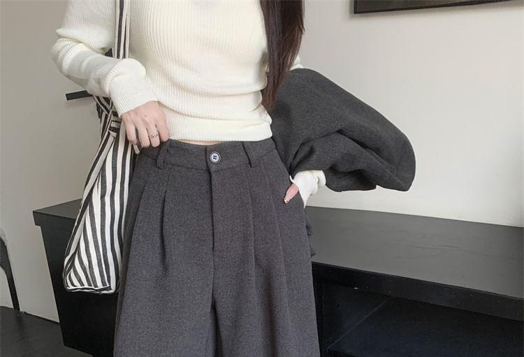 Mid Waist Plain Cropped Wide Leg Pants Product Image