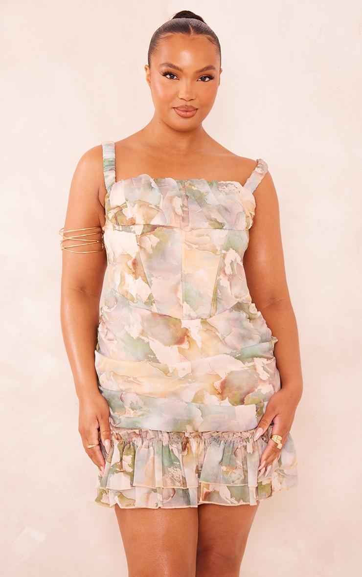  Plus Sage Green Printed Chiffon Corset Bodycon Dress Product Image