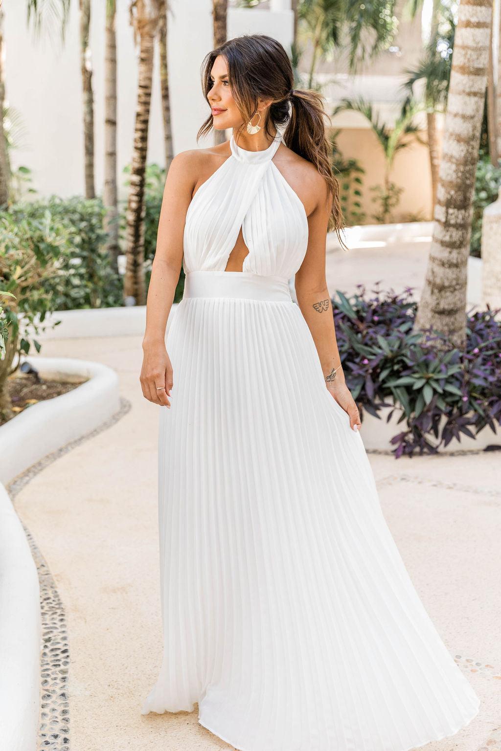 Sunny Gleam White Accordion Halter Maxi Dress FINAL SALE Product Image