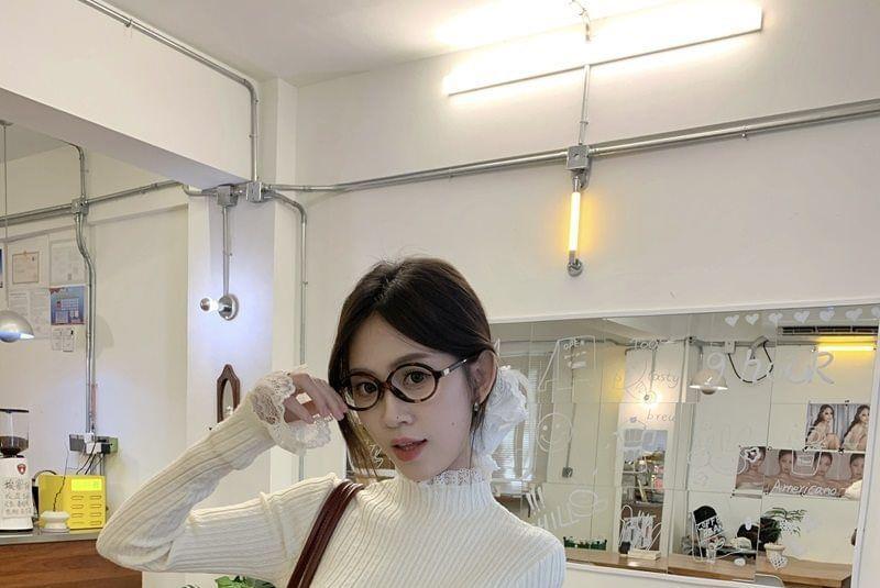 Long-Sleeve Mock Neck Lace Trim Ribbed Top Product Image