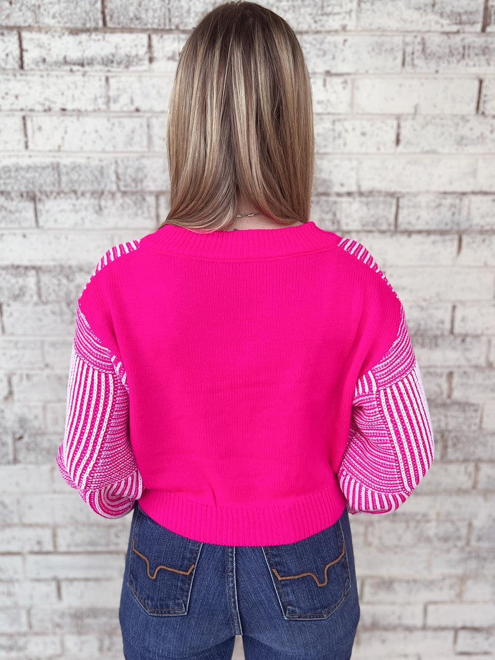 Striped Lantern Sleeve Cropped Sweater - 3 Colors Product Image