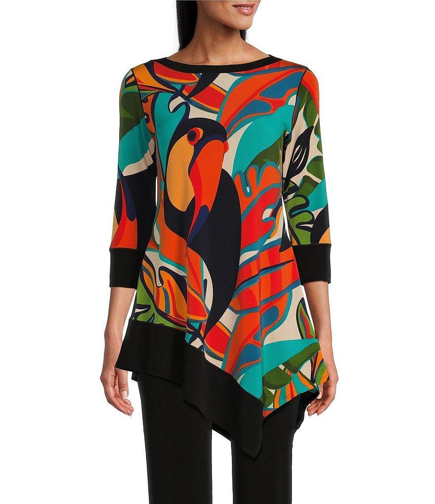 Eva Varro Knit Jersey Toucan Tropical Leaf Print Boat Neck 3/4 Sleeve Savanah Tunic Product Image