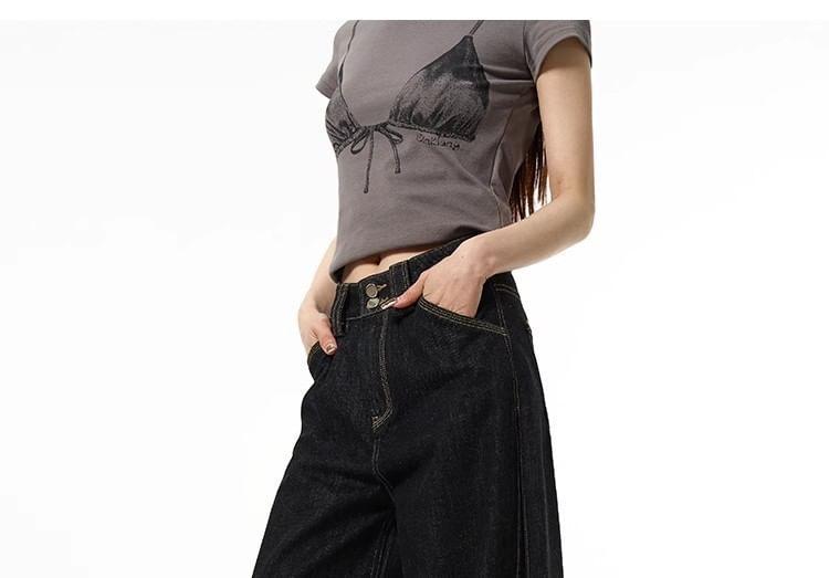 High Rise Buttoned Hem Wide Leg Jeans Product Image