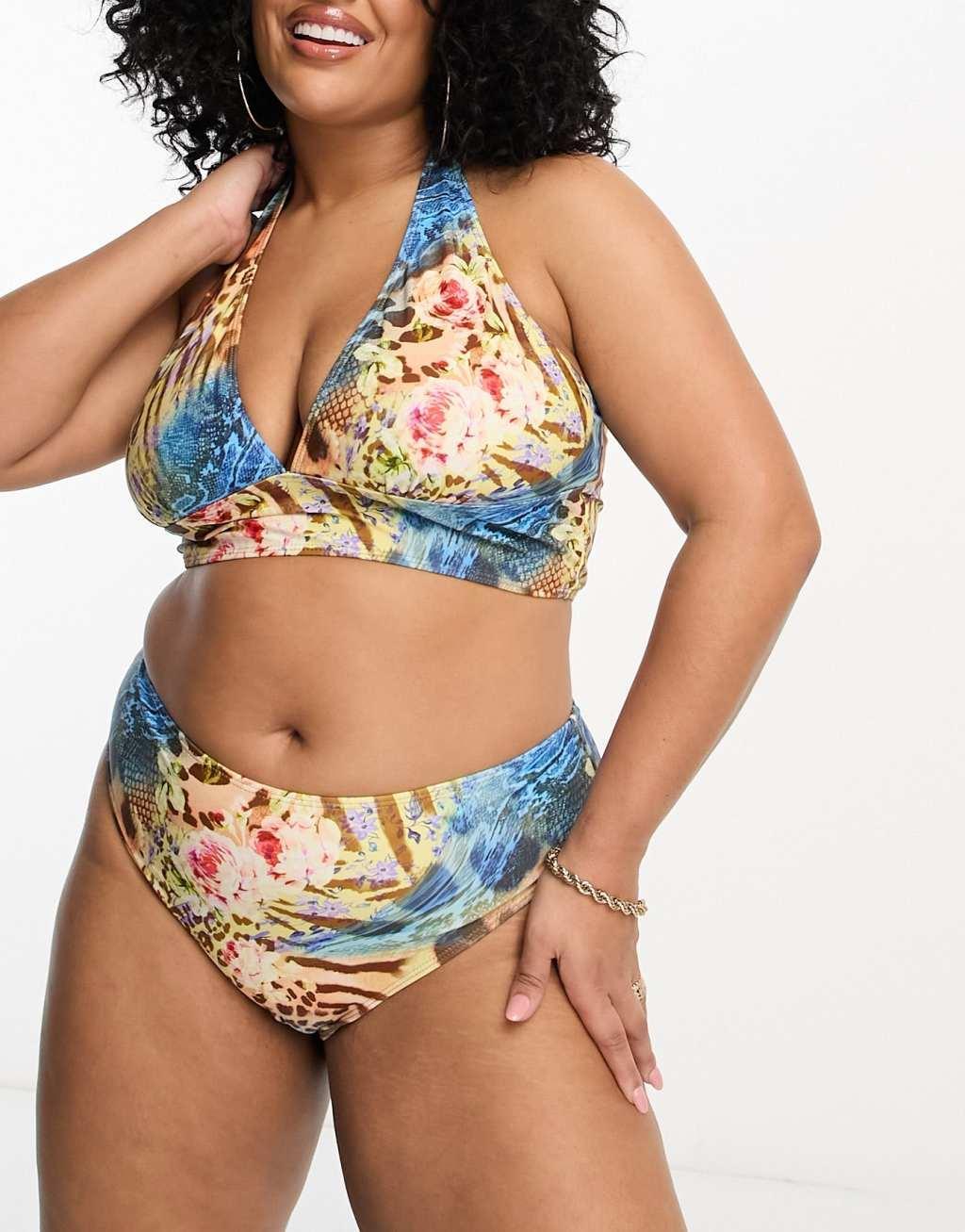 Reclaimed Vintage PLUS halterneck bikini top in leopard print Product Image