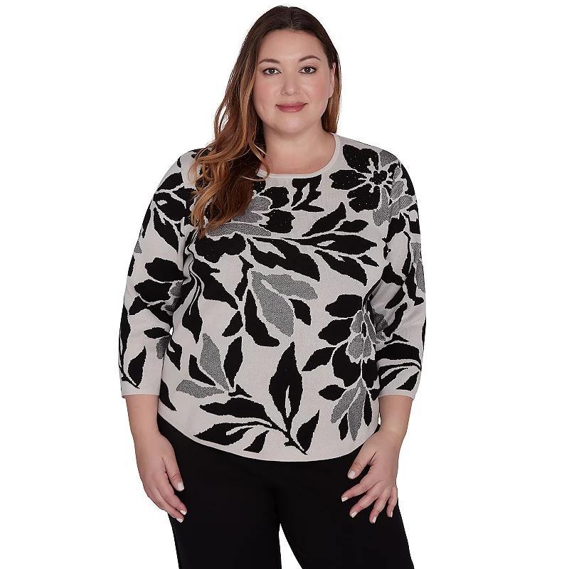 Plus Size Alfred Dunner Floral Jacquard Crew Neck Sweater, Womens Product Image