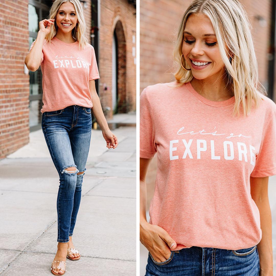 Let's Go Explore Heather Sunset Orange Graphic Tee Female Product Image