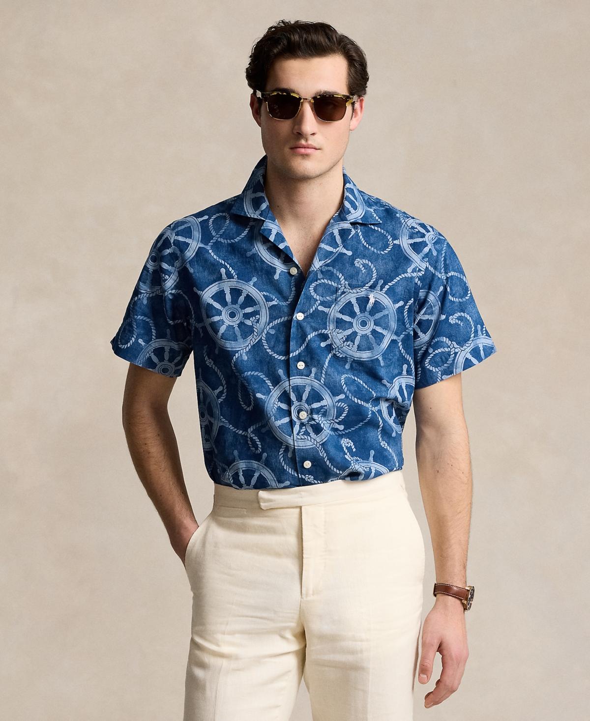 Classic Fit Cotton-linen Camp Shirt In 6383 Ropes  Ship Wheel Product Image