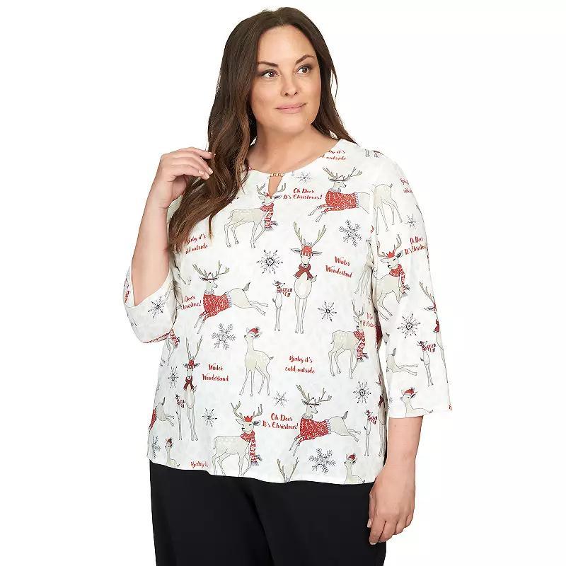 Plus Size Alfred Dunner Classic Deer Split Neck Top, Womens Product Image