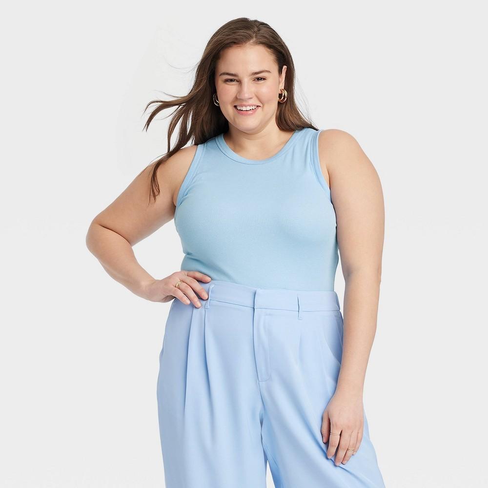 Womens Slim Fit Ribbed High Neck Tank Top - A New Day Light Blue XXL Product Image