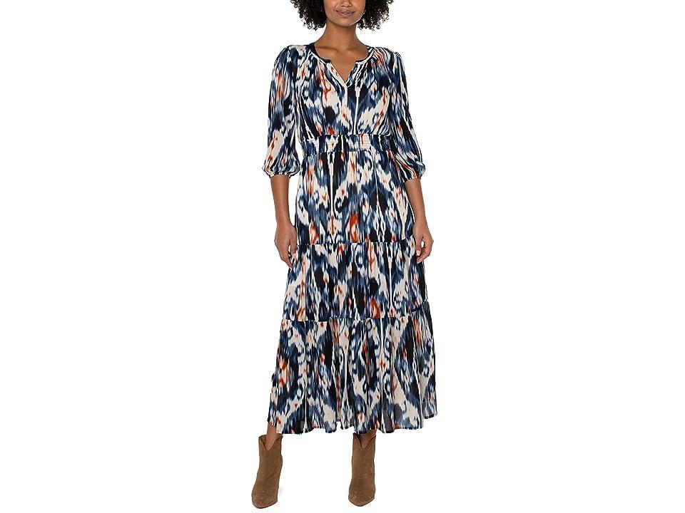 Liverpool Los Angeles 3/4 Sleeve Woven Tiered Maxi Dress (All Over Ikat Print) Women's Dress Product Image