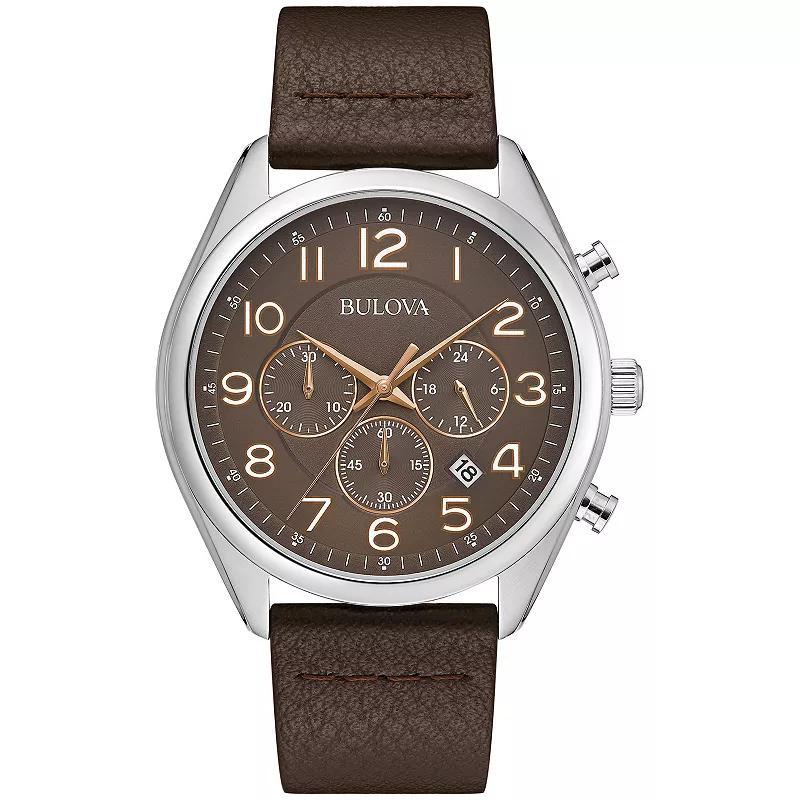 Bulova Mens Classic Stainless Steel Brown Dial Chronograph Leather Strap Watch - 96B365 Product Image