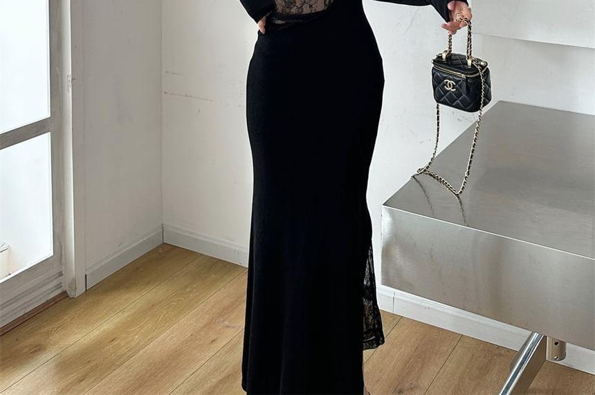 Long Sleeve One Shoulder Plain Panel Lace Maxi Sheath Dress Product Image