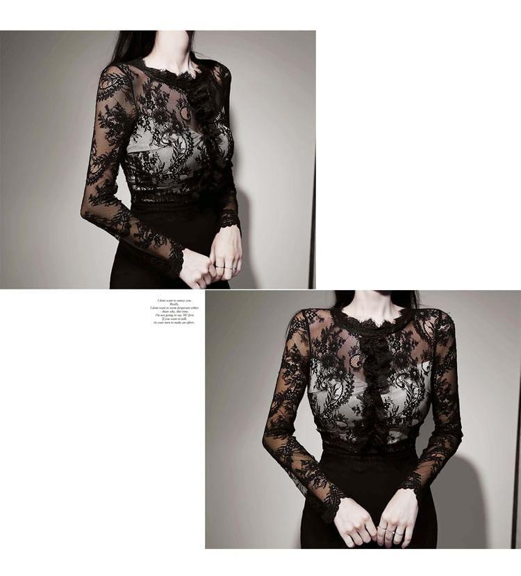 Long Sleeve Round Neck Lace Floral Bodycon Midi Dress Product Image