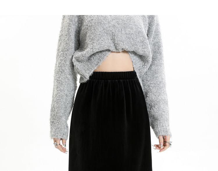 High Rise Furry Hem Velvet Plain Midi A-Line Skirt Product Image