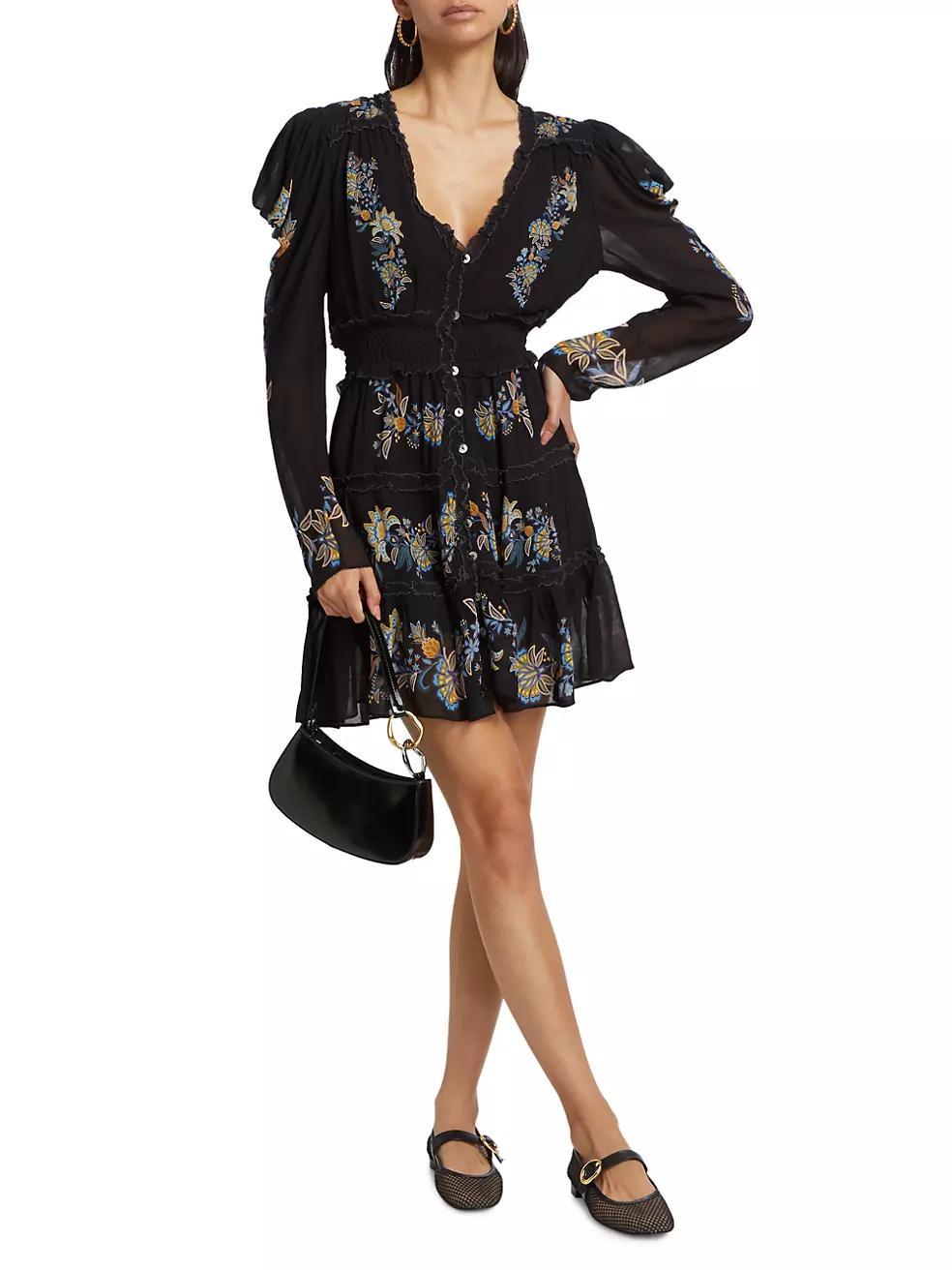 Floral-Embroidered Long-Sleeve Minidress Product Image