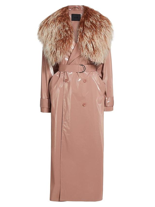 Womens Vinyl & Shearling Collar Double-Breasted Trench Coat Product Image