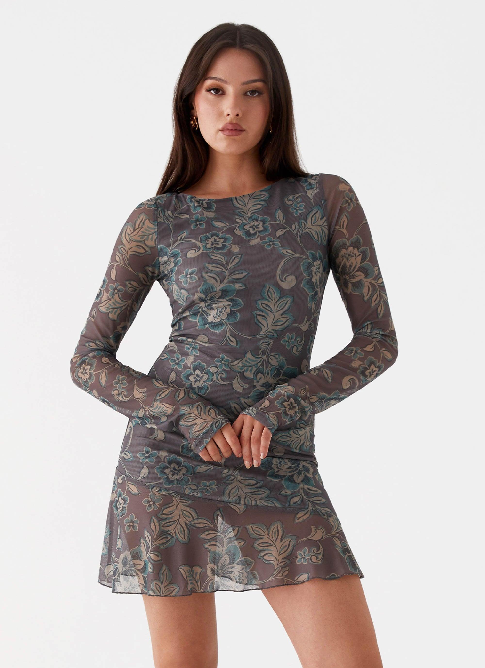 Ines Long Sleeve Mini Dress - Brown Floral Product Image