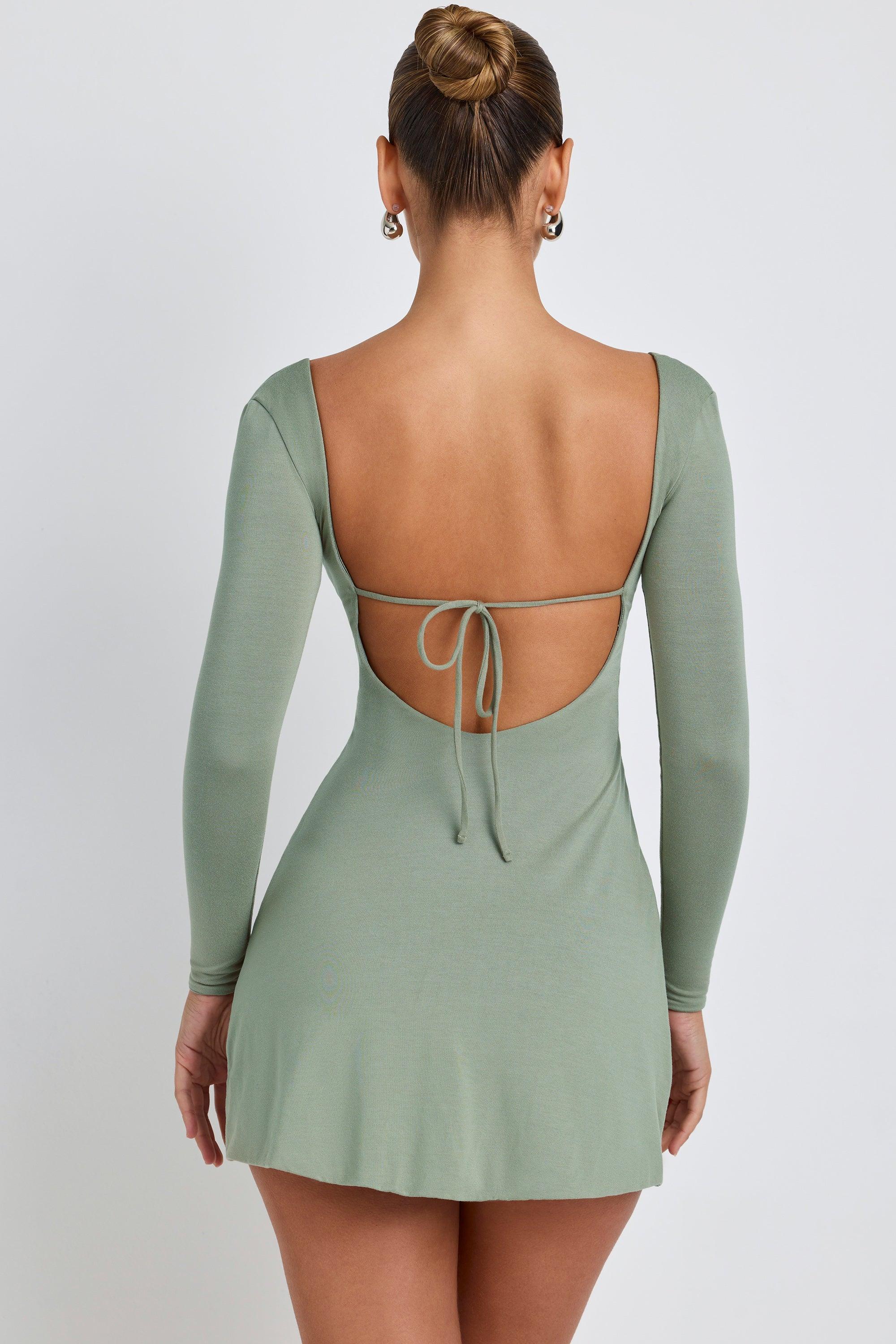 Modal Square Neck Long Sleeve Mini Dress in Sage Green Female Product Image